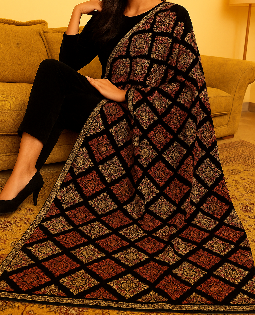 Elegant Embroidered Velvet Shawl Ultimate Luxury Design Walking Queen