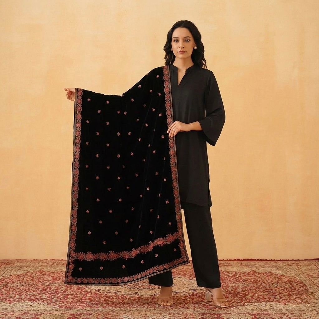 Premium Hand-Embroidered Velvet Shawl – A Touch of Elegance